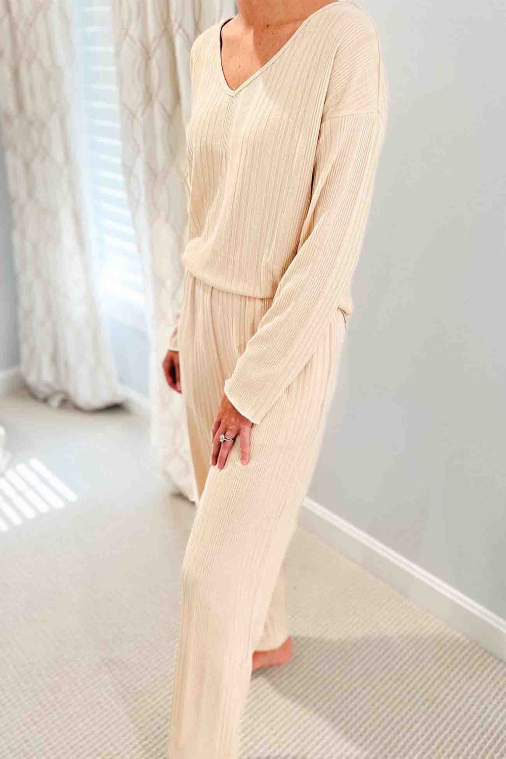 V Neck Ribbed Long Sleeve Two-piece Set