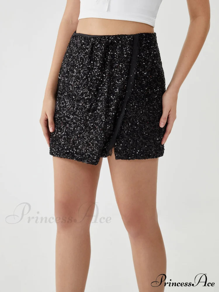 Asymmetric Split Graceful Sequin Mini Skirt