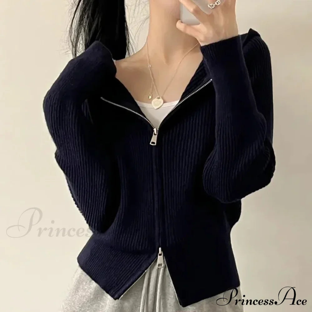 Autumn Winter Long Sleeve Short Loose Knitted Zipper Cardigan