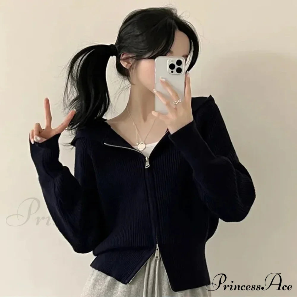 Autumn Winter Long Sleeve Short Loose Knitted Zipper Cardigan