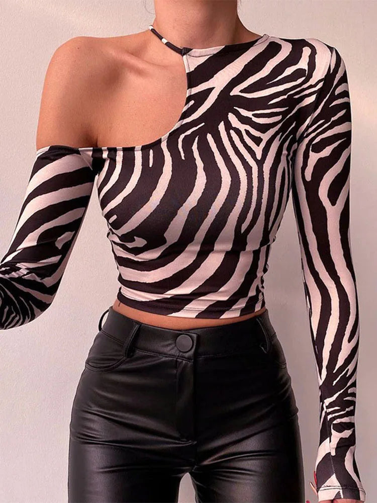 ’s T-shirt Long Sleeve Strapless Irregular Zebra Print Top Spring New Product Short Top Y2k Tees Newgirls