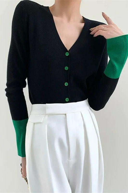 Flare Sleeve Colorblock Knit V-neck Cardigan