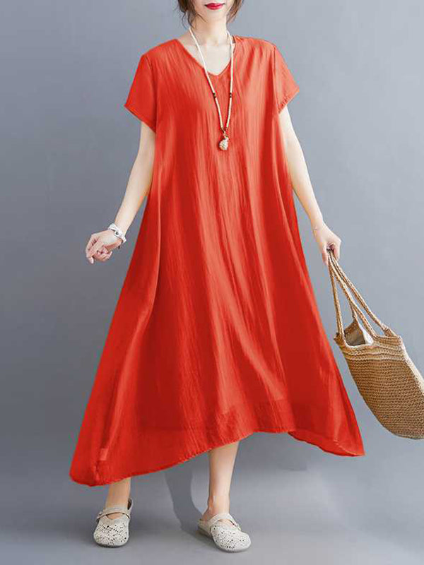 A-line Loose Color V-neck Midi Dresses