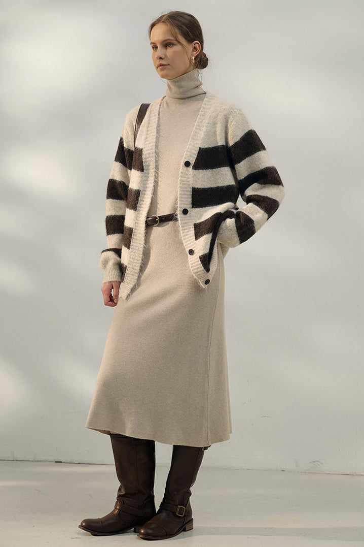 Oversized Stripe Color Block V Neck Knit Cardigan