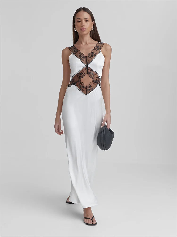 Lace Backless Hollow Out Maxi Dress for Patchwork Printed High Waist Party Dress Female Long Dress