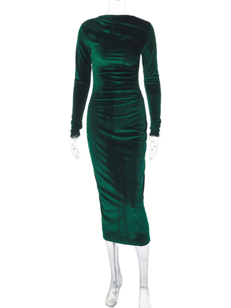 Velvet Long Sleeve Maxi Dress for Autumn Winter New O Neck Bodycon Club Party Long Dress