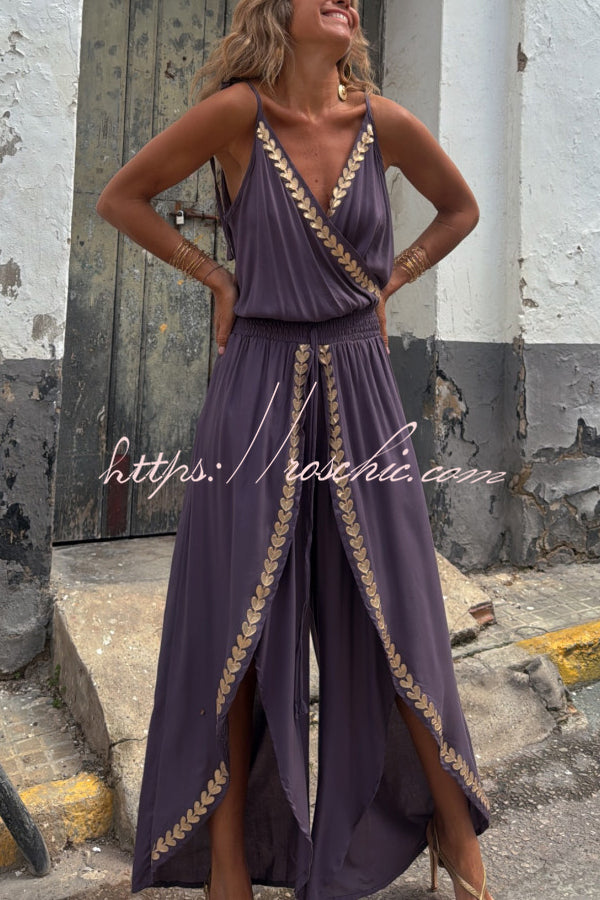 Tamia Gold Trim Elastic Waist Slit Wide Leg Slip Jumpsuit
