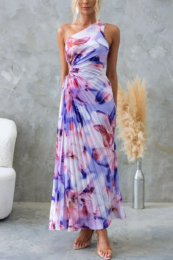 Laken Print One Shoulder Adjustable Tie Cutout Pleated Maxi Dress