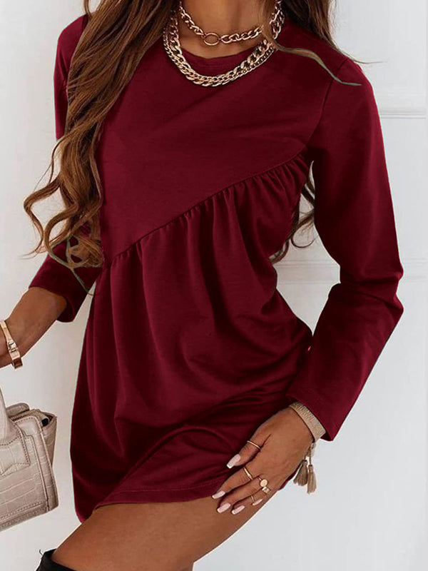 Loose Long Sleeves Color Round-neck Mini Dresses