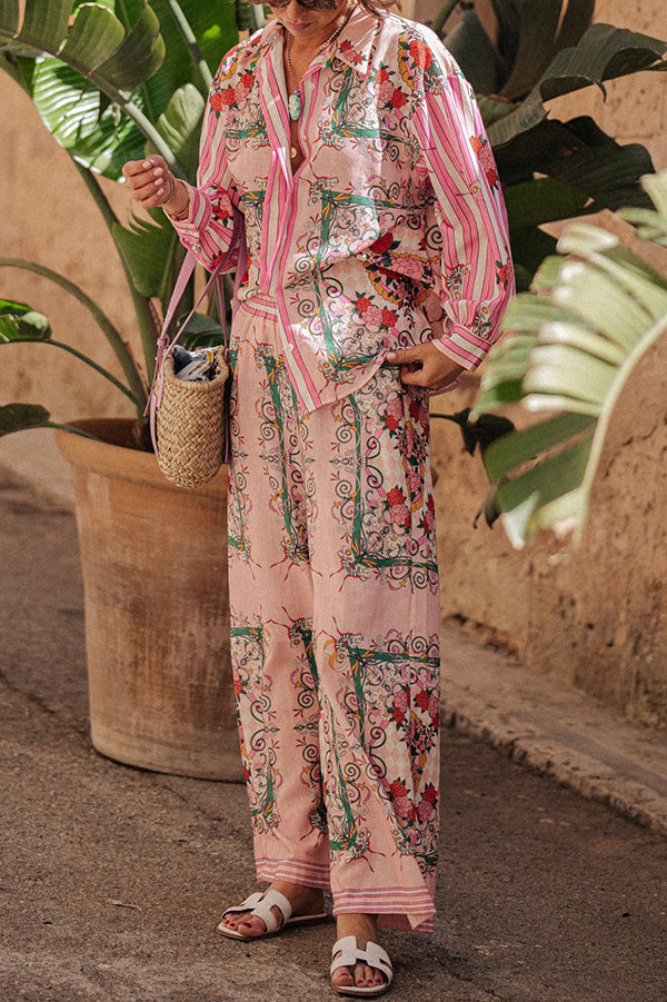 Charm Unique Print Loose Blouse and Elastic Waist Pocketed Pants Set