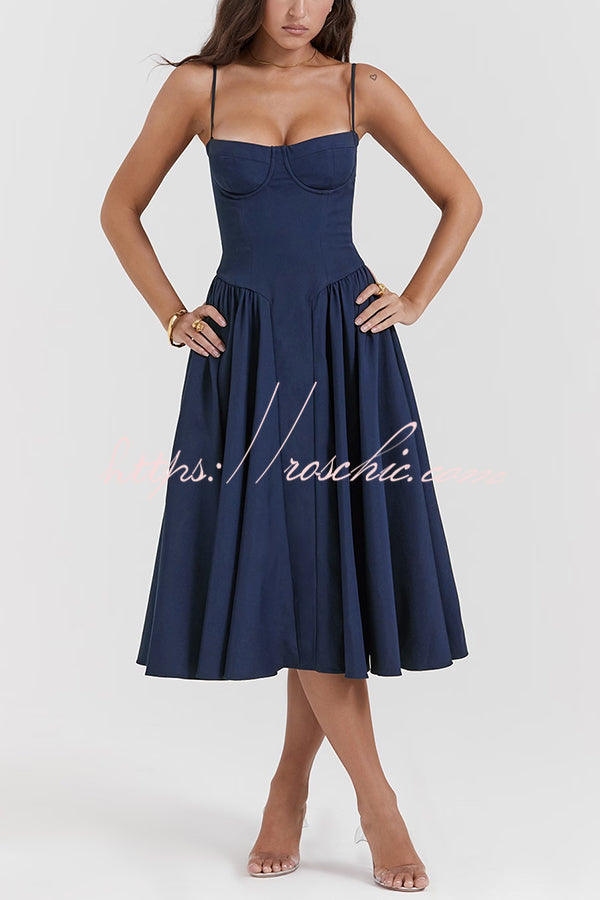 Color Slim Fit Suspender Pocket Midi Dress
