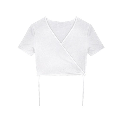 Summer Tee Tops T Shirts V-neck Cropped Top Cross Tie-up Harajuku Basic Korean Street T-shirts Mujer Y2k