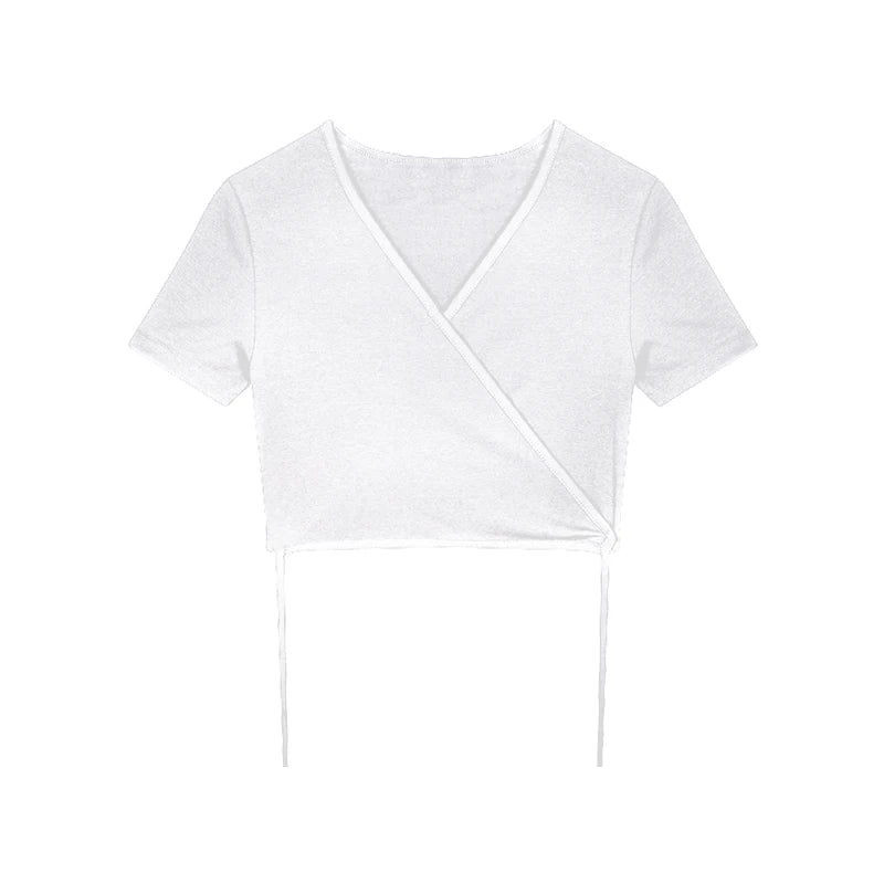 Summer Tee Tops T Shirts V-neck Cropped Top Cross Tie-up Harajuku Basic Korean Street T-shirts Mujer Y2k