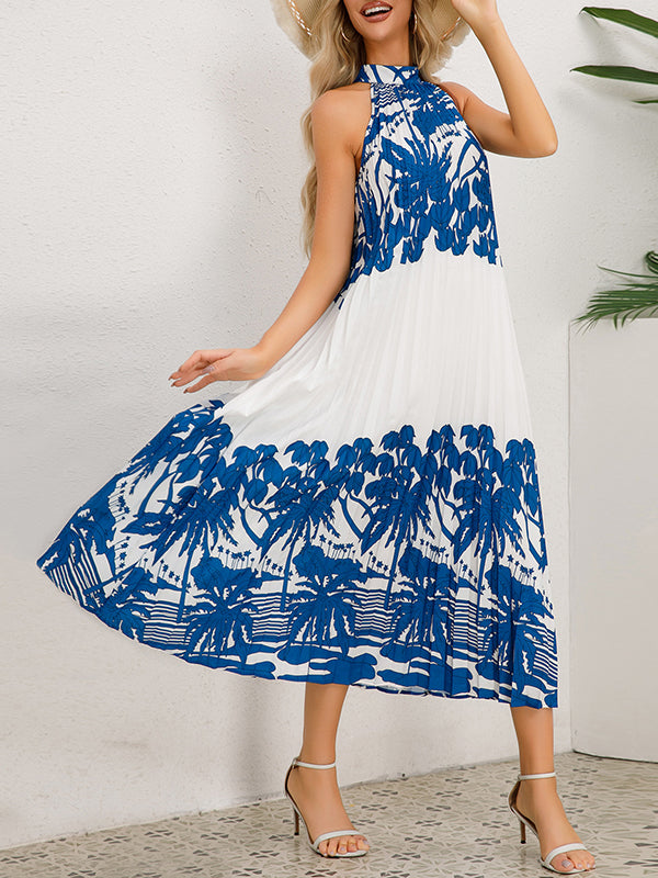 A-line Loose Hollow Pleated Printed Tied Mock Neck Midi Dresses