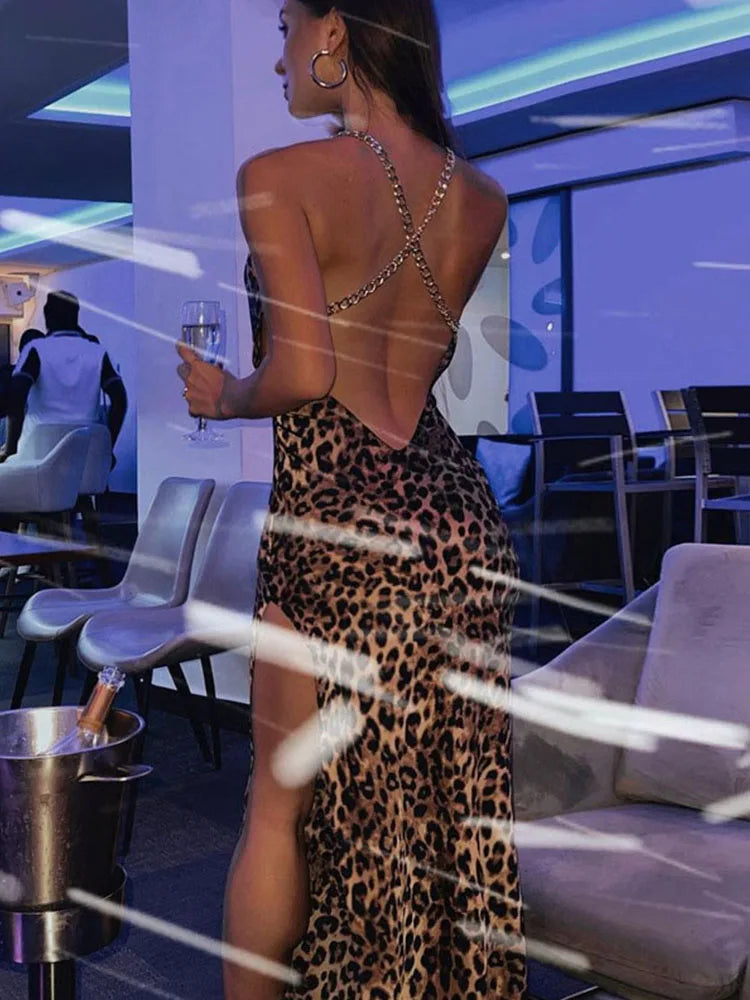 Leopard Print Chain Strap Side Slit Maxi Dress Backless Bodycon Festival Evening