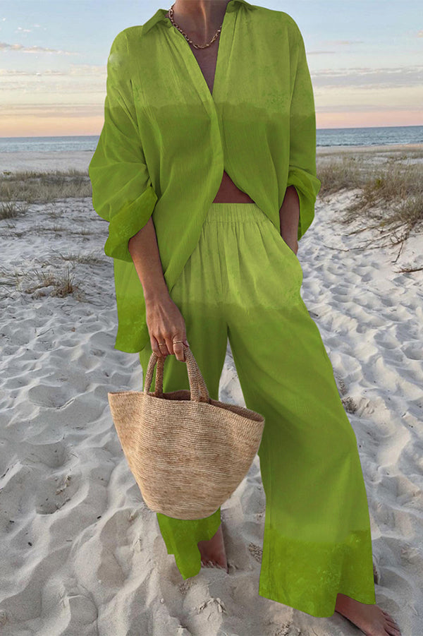 Ombre Print Oversized Shirt and Elastic Waist Pocket Pants Set