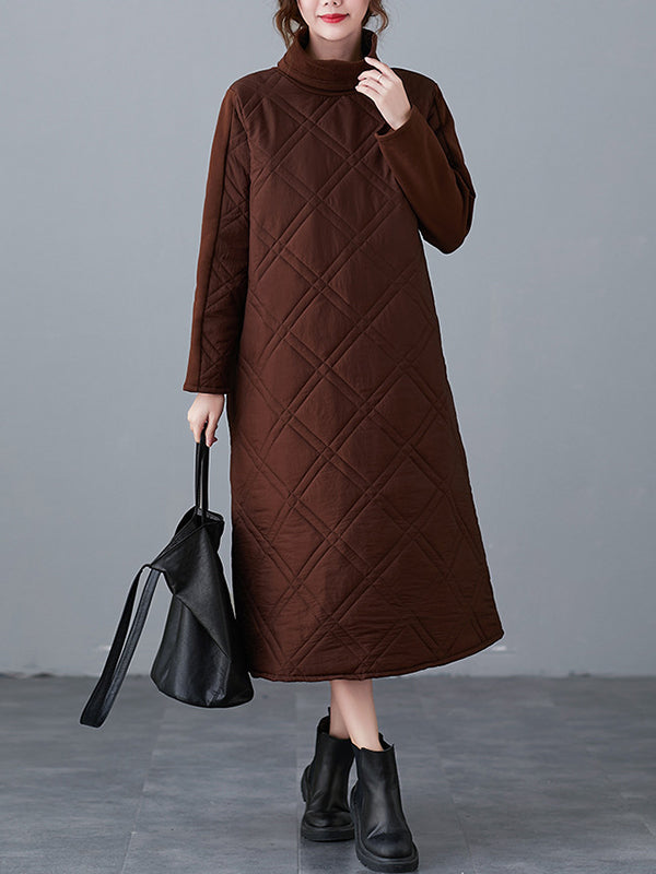 A-line Long Sleeves Color High-neck Midi Dresses