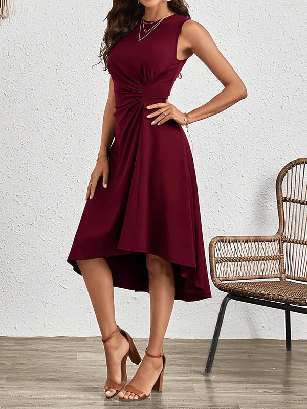 A-line High Waisted Asymmetric Pleated Color Split-joint Round-neck Midi Dresses