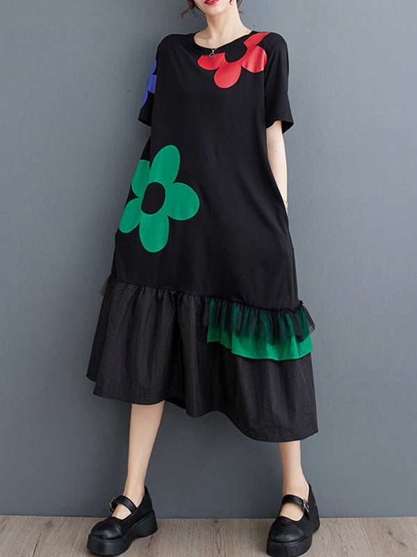 Loose Short Sleeves Printed Split-joint Round-neck Midi Dresses