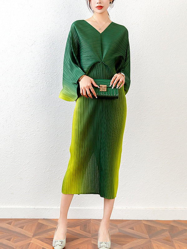 Loose Batwing Sleeves Gradient Pleated Midi Dress