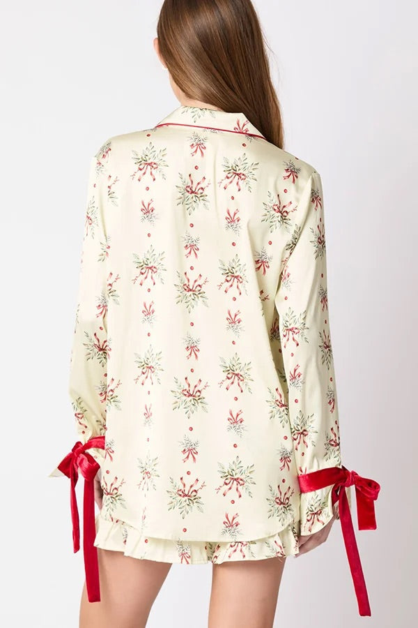 Christmas Printed Bow Tie Top and Elastic Waist Ruffle Shorts Set