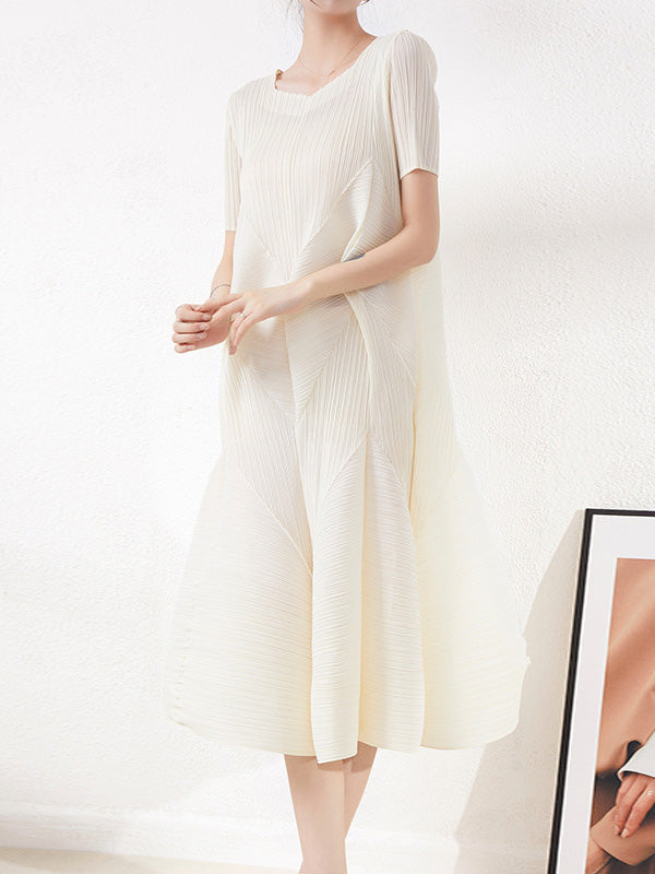 Short Sleeves Pleated Color Round-neck Midi Dresses