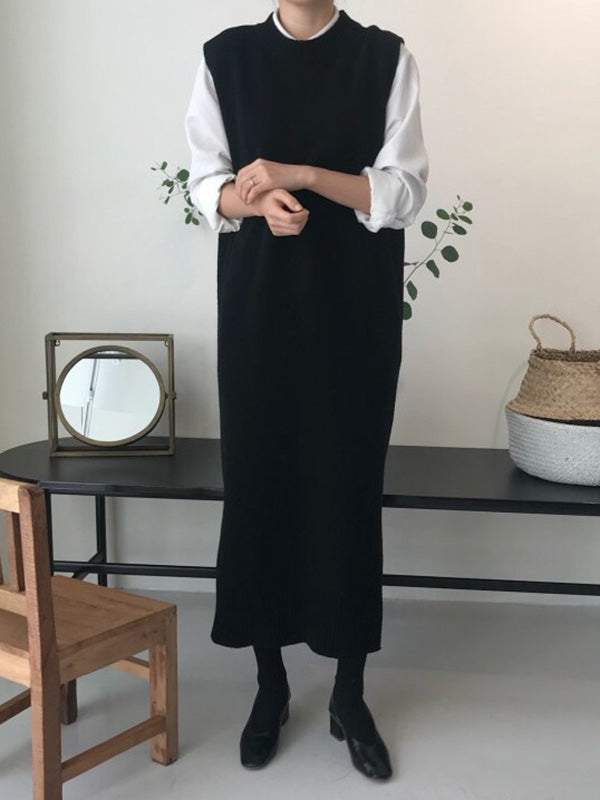 Urban Loose Sleeveless Color Round-neck Midi Dresses Sweater Dresses