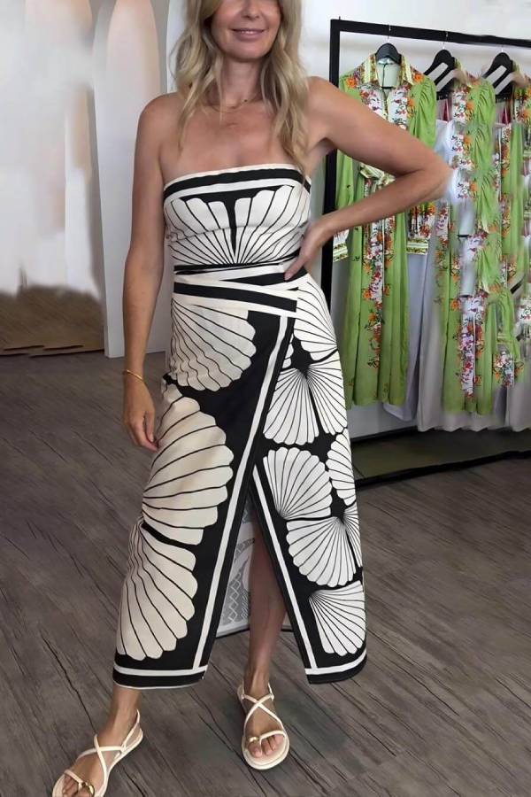 Unique Print Off-the-shoulder Midi Dress