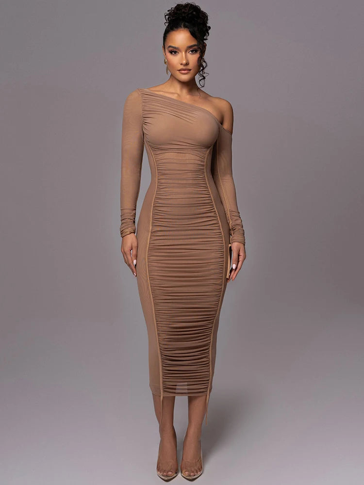 Diagonal Collar Long Sleeve Midi Dress for Two Layer Mesh Backless Ruched Bodycon Club Party Long Dress