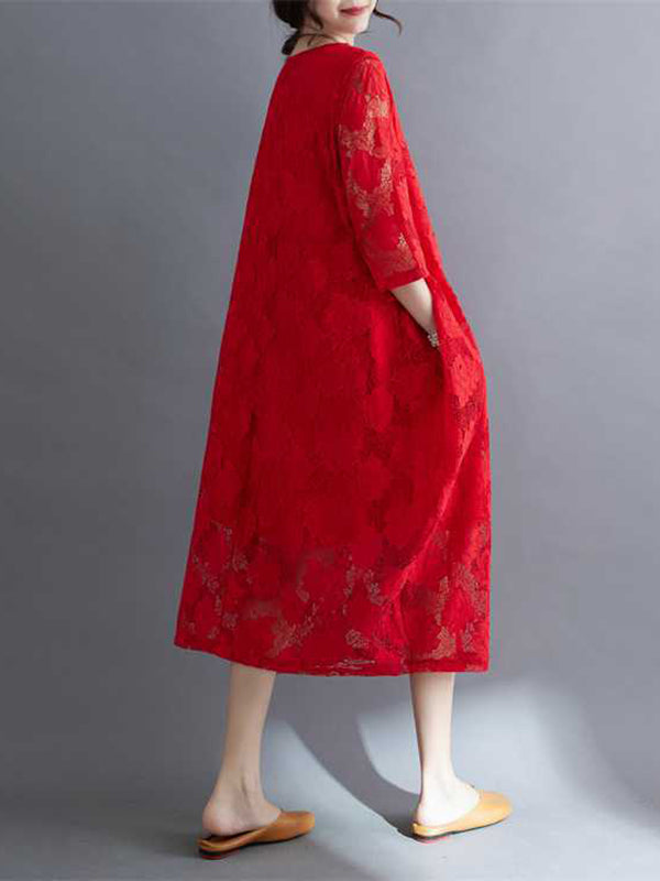 Half Sleeves Loose Hollow Color Round-neck Midi Dresses