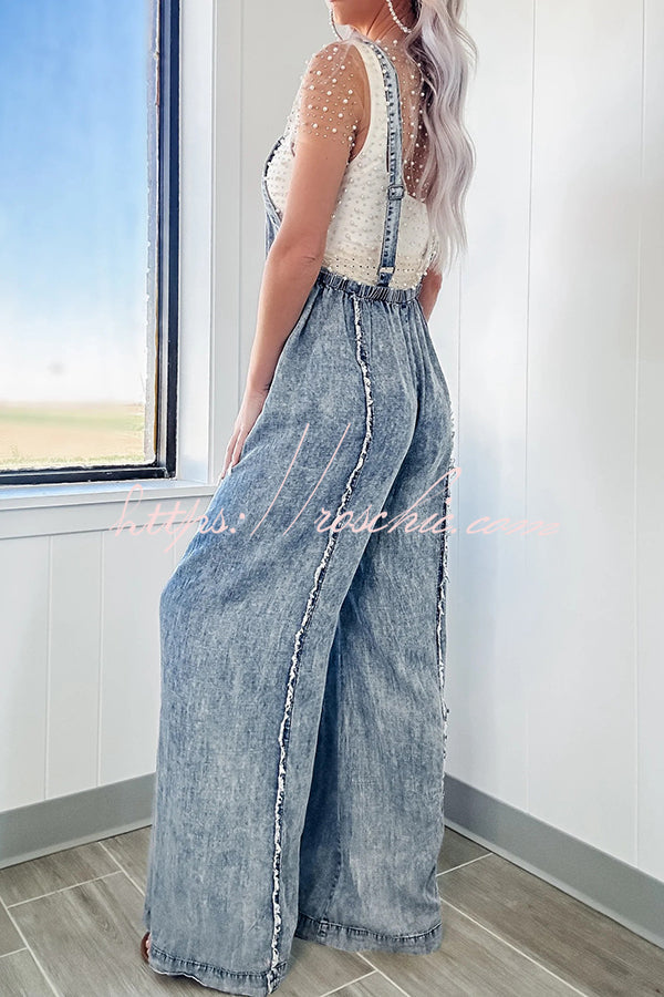 Washed Denim Raw Edge Elastic Waist Wide Leg Jumpsuit