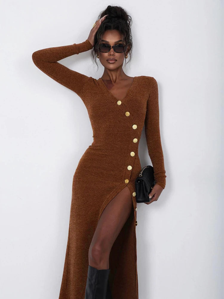 Knitted Maxi Dress for Slit Slim Long Sleeve Buttons Dresses Knitwear Party Retro Dress Lady New