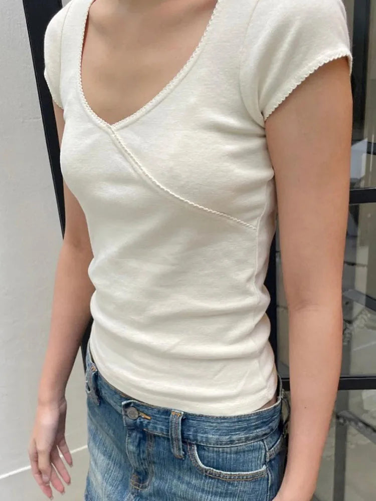 Slim T-shirt Summer V Neck Cotton Top Femme Sweet Y2k Simple Tee Tops Woman Clothes