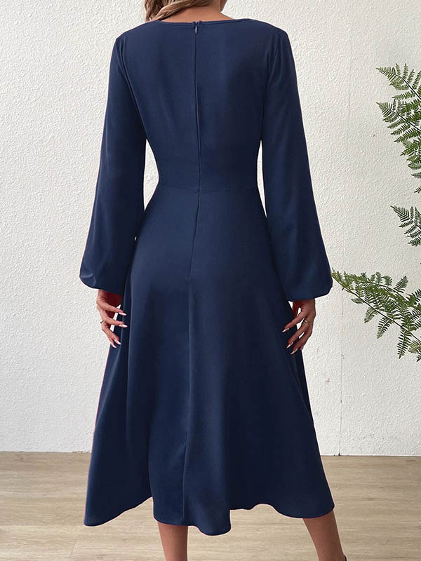 A-line High Waisted Pleated Color Zipper V-neck Midi Dresses