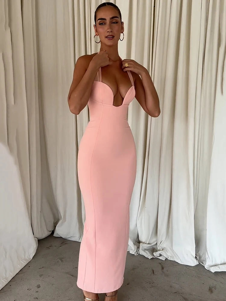 Strapless Halter Maxi Dress for Cut Out Sleeveless Backless Bodycon Club Party Long Dress