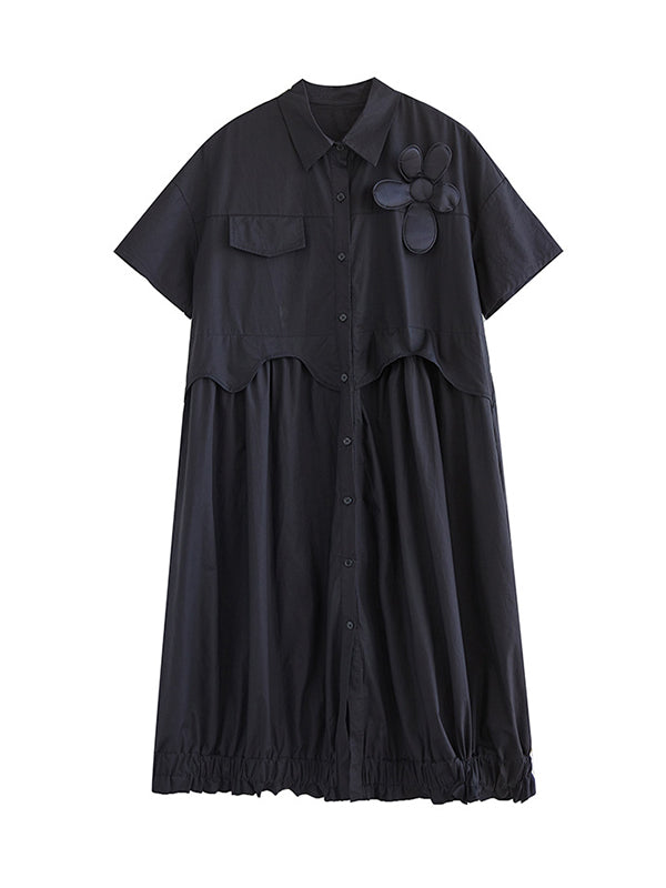Loose Short Sleeves Elasticity Pleated Split-joint Lapel Midi Dresses