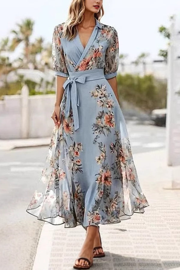 Print V-neck Short-sleeved Bow Waist Midi Dress