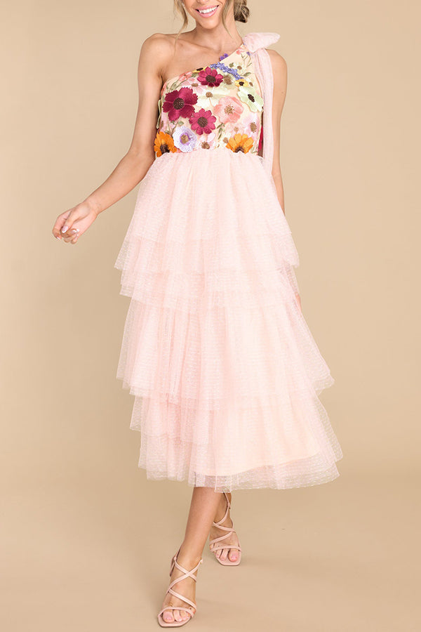 Midnight Garden Embroidered Applique One Shoulder Tiered Tulle Midi Dress