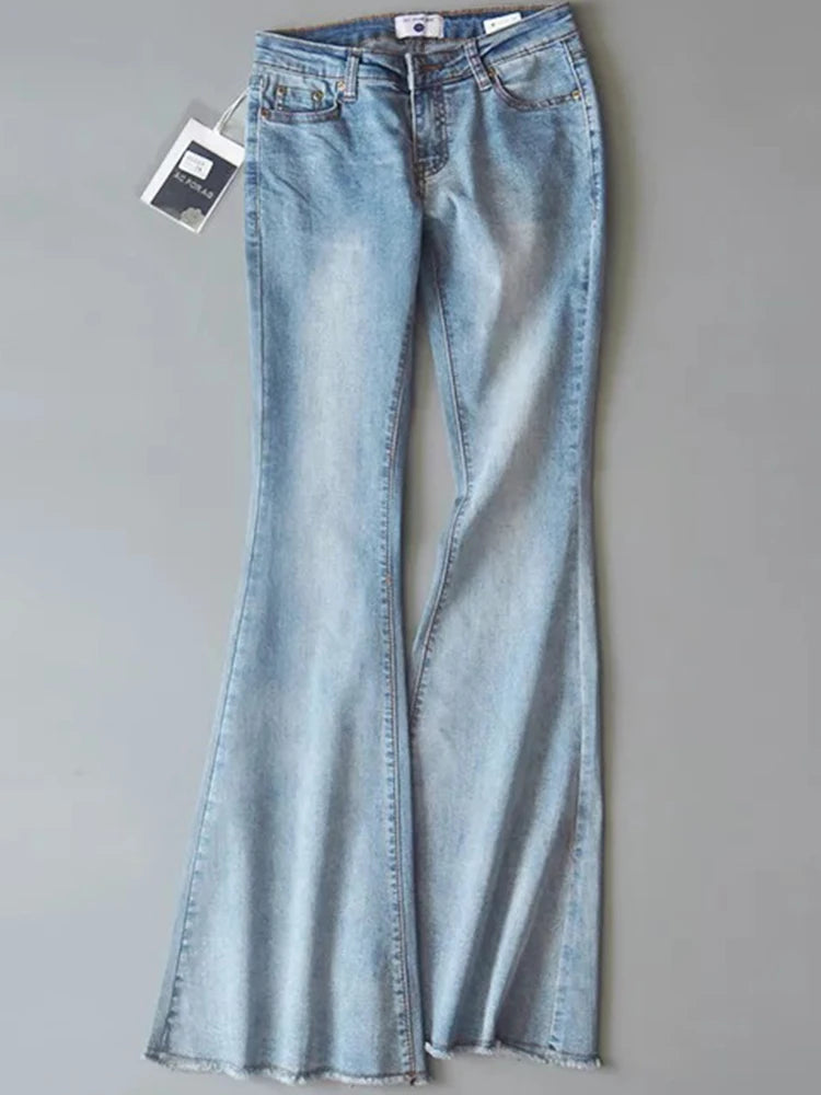 Retro Low Waist Blue Jeans for Bodycon Flared Pants Basic Slim Fit Summer Street Jeans Woman
