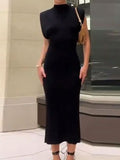Skinny Color Zipper Mock Neck Midi Dresses