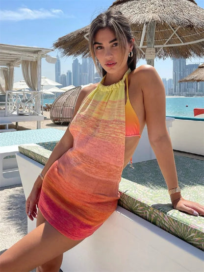 Summer Gradient Backless Knit Dress New Mini Beach Party Halter Dress Holiday Slim Stretch Sweater Dress