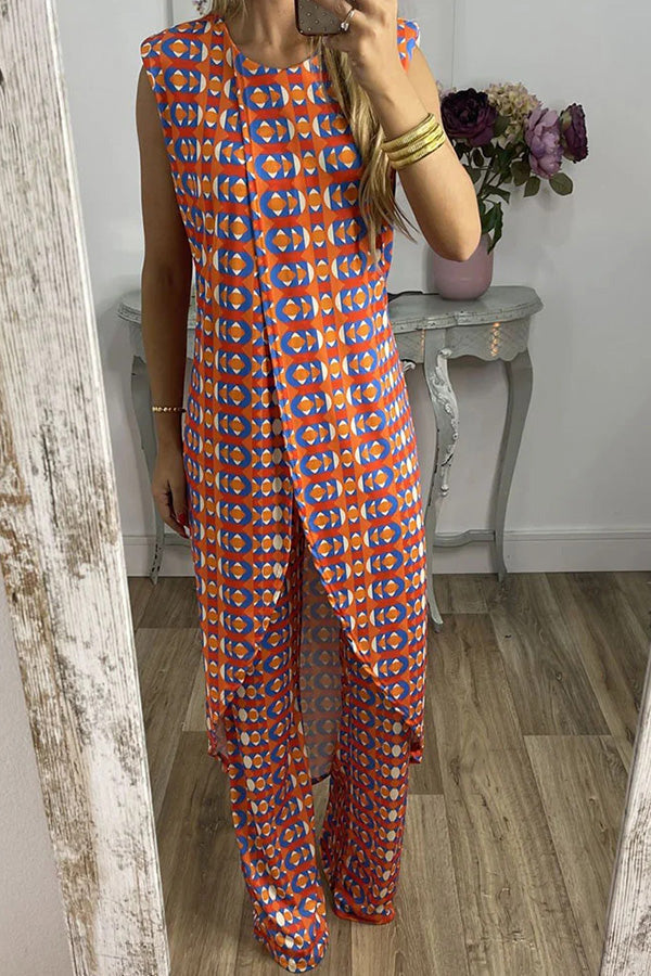 Retro Print Split Top Two-piece Set