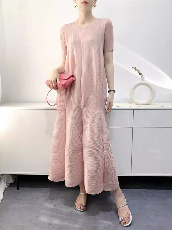 Loose Short Sleeves Pleated Color Split-joint V-neck Midi Dresses