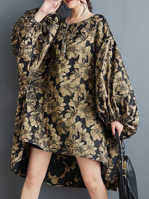 A-line High-low Elasticity Flower Print Jacquard Round-neck Midi Dresses