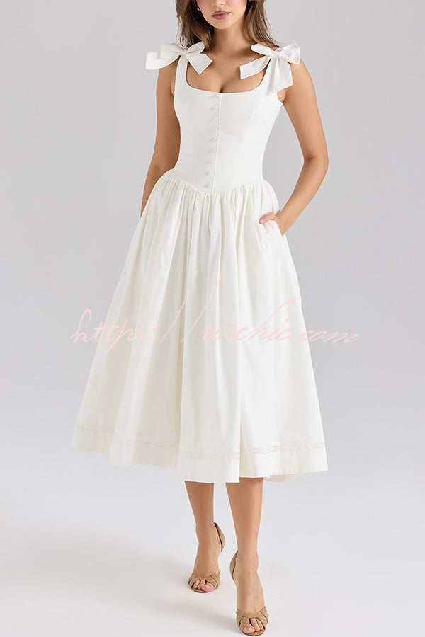 Real Darling Square Neck Bows Straps Button Up Pocketed Midi Dress