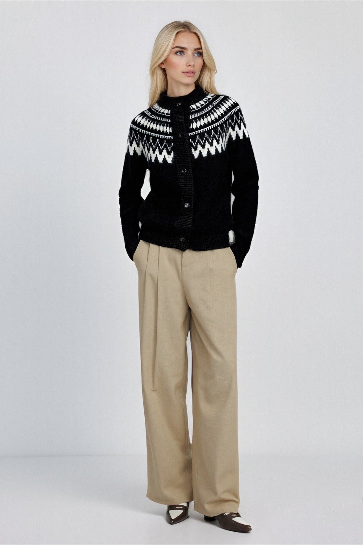 Fair Isle Color Block Geometric Crew Neck Retro Knit Cardigan