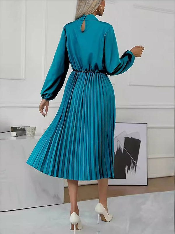 Long Sleeves Loose Buttoned Elasticity Hollow No Belt Pleated Color High Neck Midi Dresses