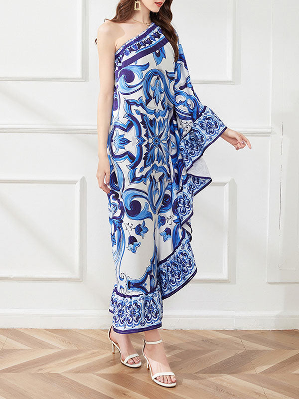 Batwing Sleeves Loose Asymmetric Falbala Printed One-shoulder Midi Dresses
