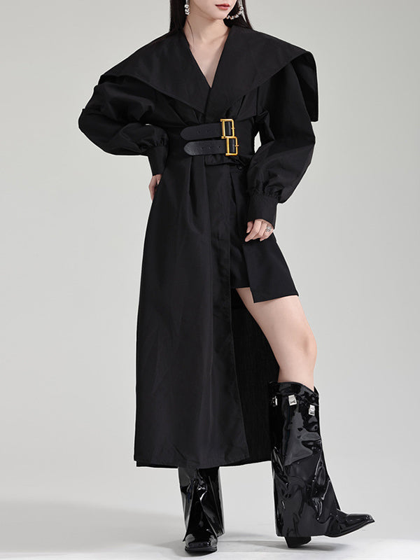 High Waisted Long Sleeves Asymmetric Belted Pleated Color Lapel Midi Dresses