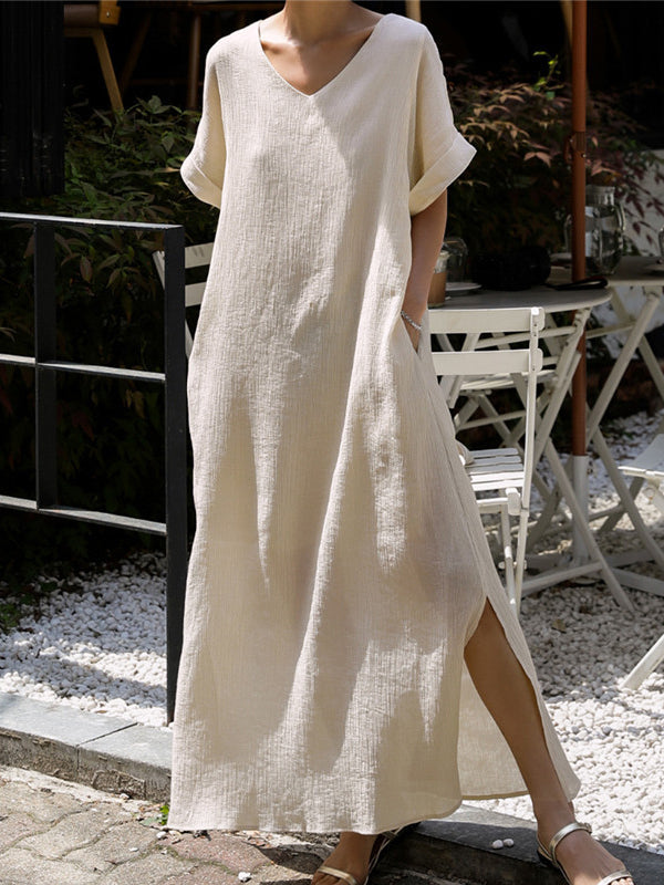 A-line Loose Hollow Color Split-side Tied Waist V-neck Midi Dresses